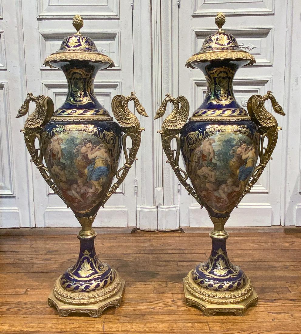 Pair Large Sevres Style Porcelain & Bronze Urns (1 of 13)
