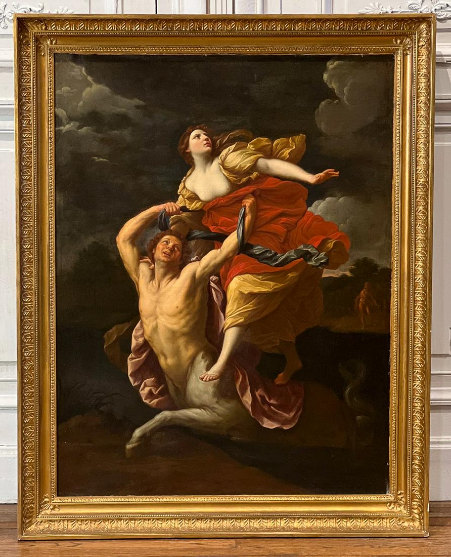 Centaur Kidnapping Deianeira After Guido Reni: Continental School, 19th Century, Centaur Abducting Deianeira, Oil On Canvas, 45 x 34 Inches, Giltwood Frame 54 x 42 x 3 Inches, Paint Surface Stable, Restorations Include Inpainting In Sky, Later Var