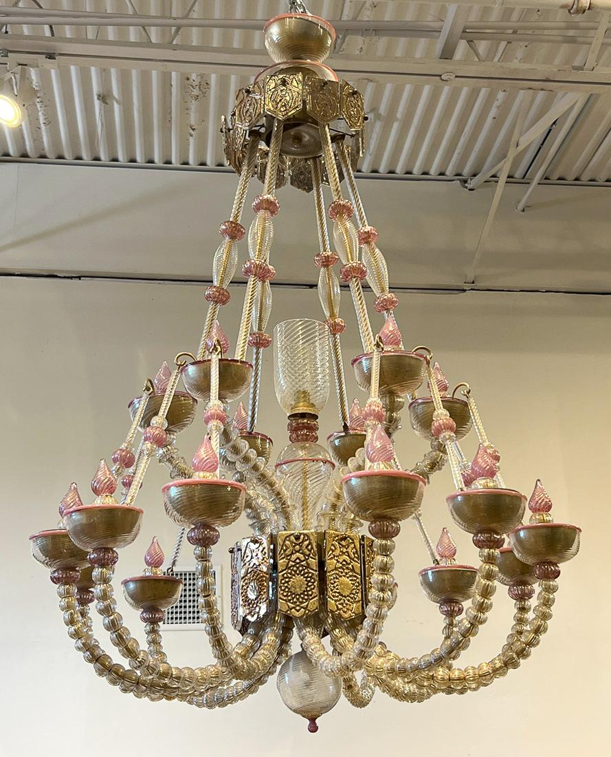 Large Murano Pink And Gold Glass Chandelier (1 of 13)