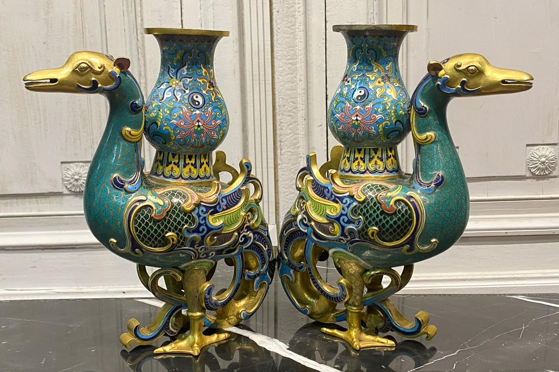 Pair Gilt Bronze Cloisonne Phoenix Censers (1 of 11)