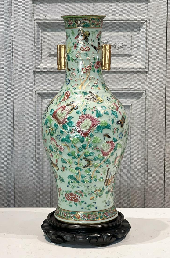 Large Qing Celadon Enameled Famille Rose Vase (1 of 17)