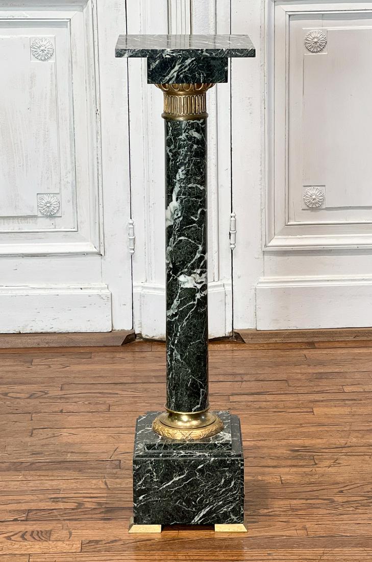 Verte Patricia Marble And Gilt Bronze Pedestal: 20th Century, Italian, Neoclassical Style With Square Up And Plinth, Column With Fluted Capital And Laurel Base, Height 44.25, Width 10 Depth 10 Inches, Structurally Sound, Presents Well, Repair And L