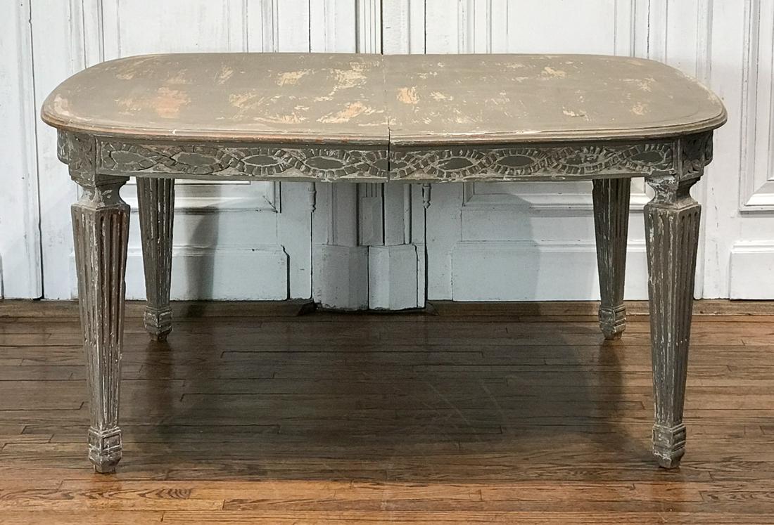 Louis XVI Style Gris Peinte Dining Table: 20th Century, Rectangular Top With Blunt Corners. Rope Carved Skirt, Square Tapering Fluted Legs, Attractive Distressed Surface Throughout, Height 30, Length 51, Depth 48 Inches. Structurally Sound La