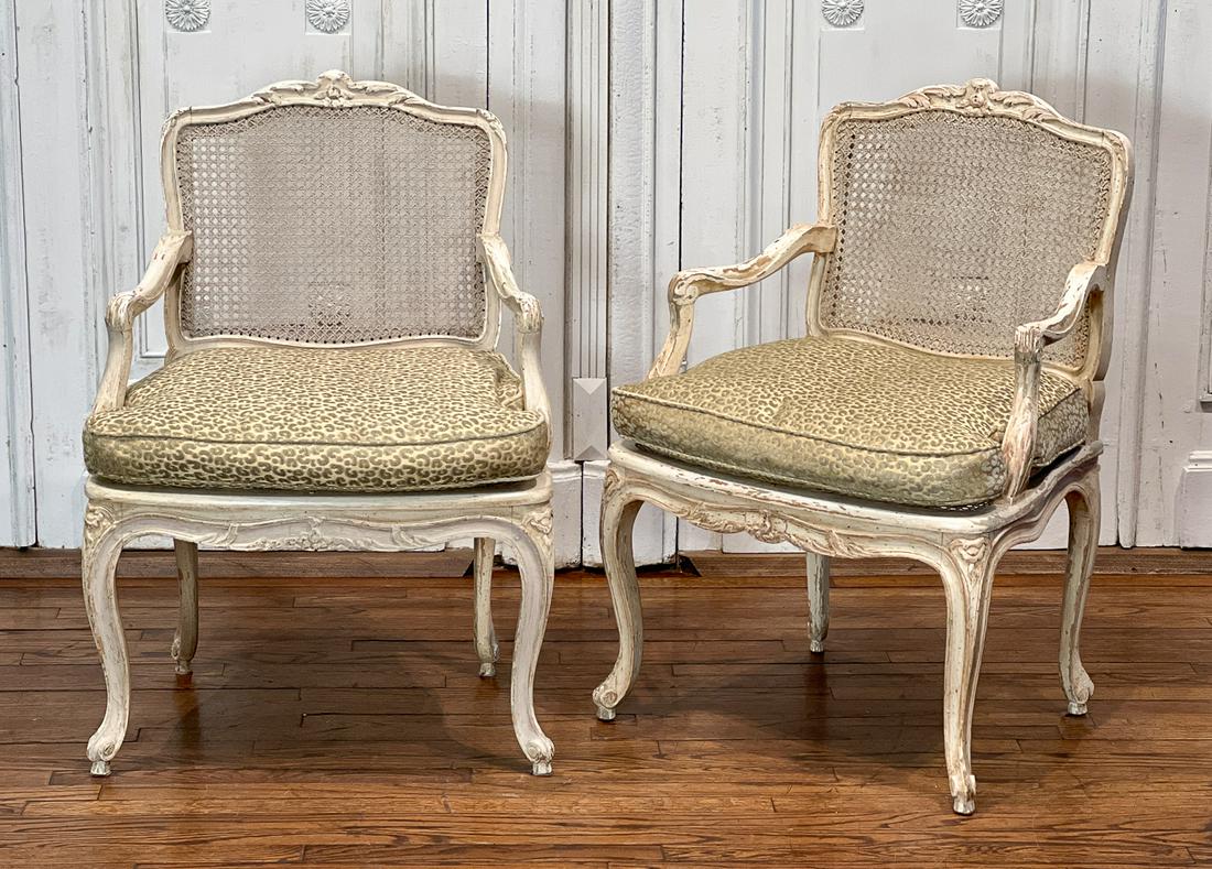 Pair Of Caned White Paint Fauteuil Armchairs (1 of 11)
