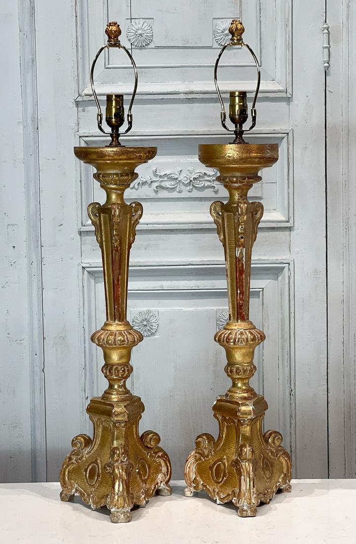 Pair Baroque Style Gilt Wood Banquet Lamps (1 of 8)