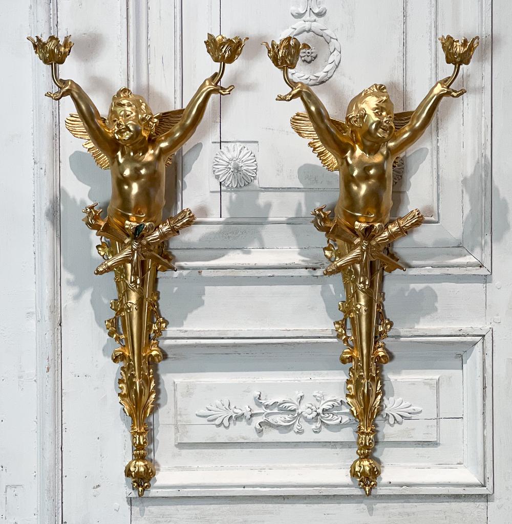 Pair Gilt Bronze Winged Putti Form Sconces (1 of 8)