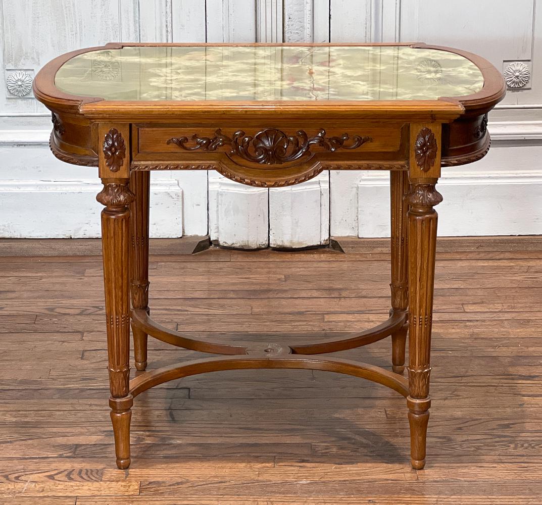 Louis XVI Style Onyx And Carved Wood Salon Table: Continental, Late 19th Century, Metal Label Rado Gyula Es Fiai, Budapest Vi Kiraly 08, Underside D-End Top, Shaped Fruitwood Skirt, Fluted Legs, Incurvate Stretchers, Height 29, Width 34, Depth 23 Inc