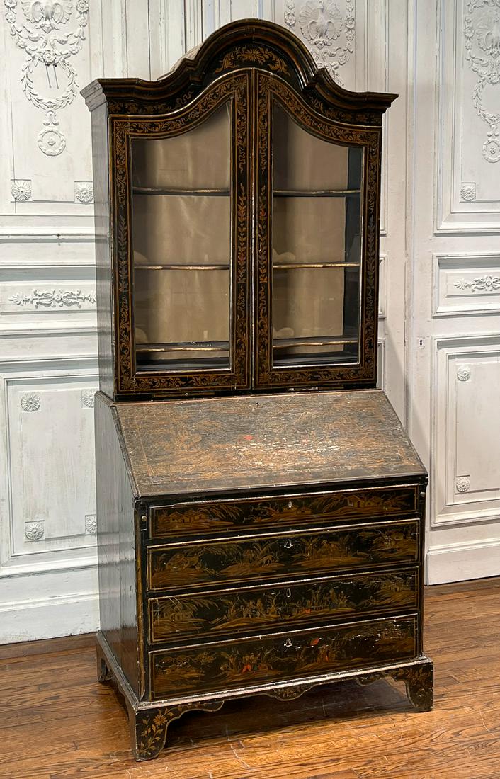 George III Japannned Secretary: English, 19th Century, Height 86.5, Width 39, Depth 25 Inches, Exhibiting Much Loss And Age To Finish, Shrinkage Cracks. See All Photos For Condition.