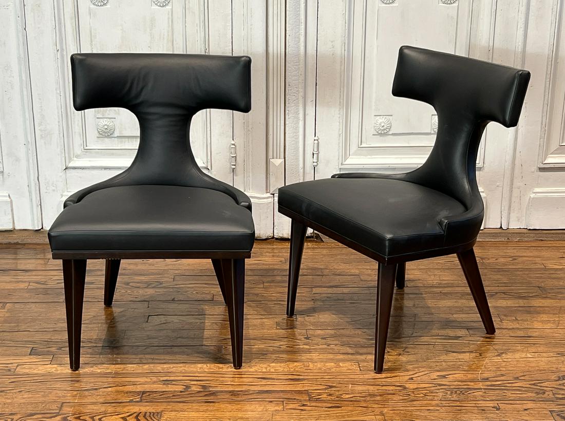 Pair Modern Black Leather Klismos Chairs (1 of 8)