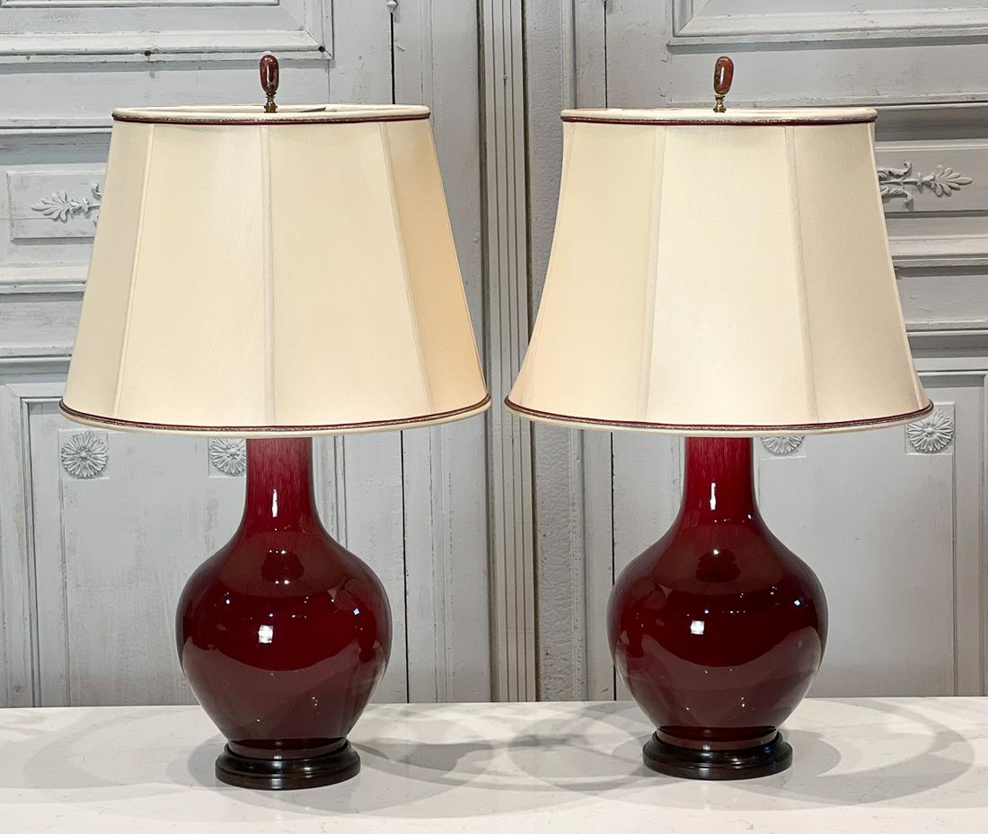 Pair Chinese Red Flambe Porcelain Vase Lamps (1 of 9)