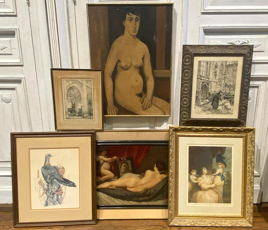 Modern Nude Oil On Canvas And Five Prints: Modern Seated Female Nude, Probably Belgian. Oil On Canvas, Signed Lower Left G Vande..., 31 x 24 Inches, Unframed, See Photos For Losses And Wear To All. No Condition Report Will Be Given For This Lo