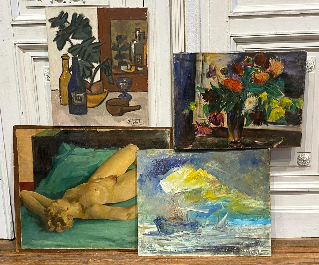Four European Oil Paintings, Mid 20th Century: Blonde Nude On An Art Deco Bed, Oil On Canvas Laid On Masonite, Signed And Dated Bouriaux Or Bourigeaud 43 Lower Right, Canvas 25.5 x 31.5 Inches, Board 26.5 x 33.5 Inches, Unframed. With 3 Other Work