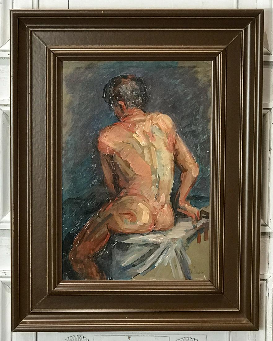 Paul Victor Maes, Belgian, Born 1924: Male Nude, Oil On Board, Signed Lower Right, 18 x 12, Brown Painted Frame 25 x 19.5 x 1 Inches. See Photos For Condition.