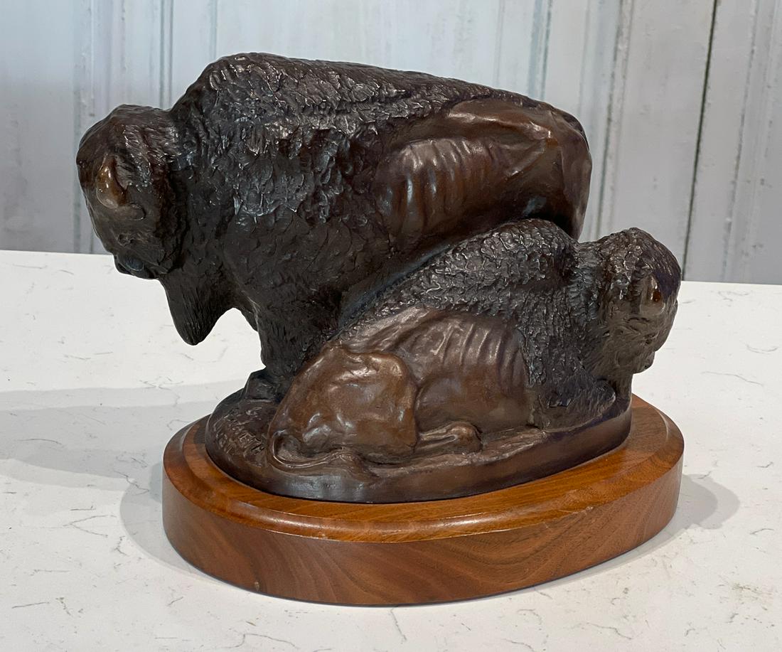 Kenneth Wyatt, American, Texas, Born 1930: Buffalo, 1993, Bronze Clad Plaster, Cast Signature, Title, Date, 7 x 11 x 7 Inches, With Walnut Plinth Height 8 Inches, See Photos For Additional Condition Information.