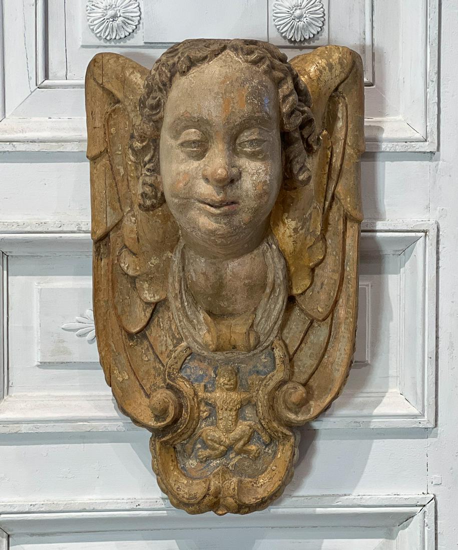 Antique Carved Painted Wood Angel Plaque (1 of 8)