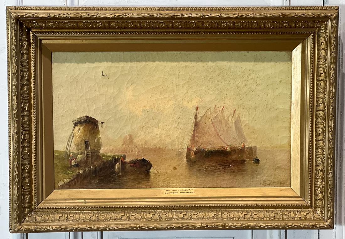 Clifford Montague, British, 1845-1901: On The Scheldt, Boat At Harbor, Oil On Canvas, Signed Lower Right, 14 x 24 Inches, Antique Giltwood Frame 21 x 31 x 2 Inches, Varnish Layer Very Yellow With Scattered Foxing, Craquelure And Areas Of C