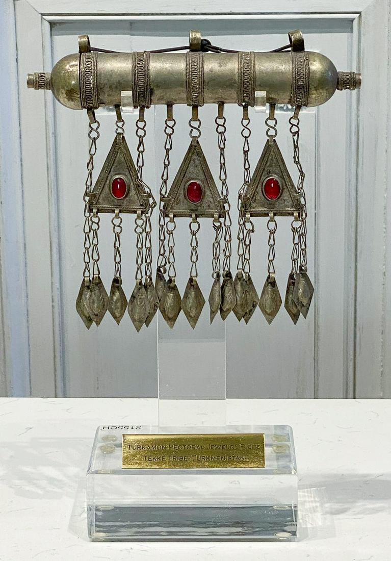 Turkamon Pectoral Jewelry Piece: On Custom Lucite Stand, From Tekke Tribe. Likely Glass Insets, Silver And Metal Content Not Tested. 14 x 9 Overall. Liekly Turkmenistan, Turkamon Tribe. See Photos For Condition. Code H4.