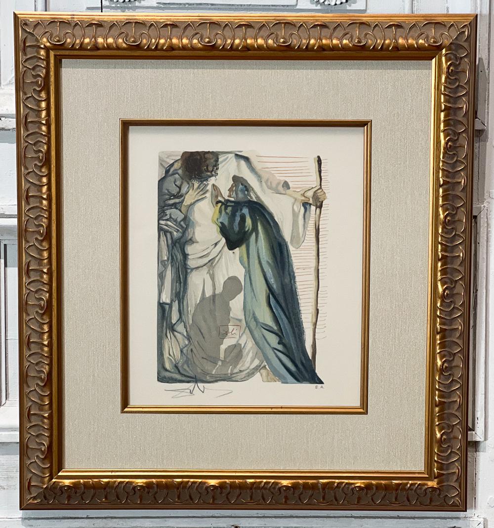 Follower Of Salvador Dali, Spanish, 1904-1989: Divine Comedy Purgatory Canto 14, A Spirit Questions Dante, Color Woodcut On Paper, Ea, Red Stamp Center, Pencil Signed Lower Left, Sight 12 x 10 Inches, Gilt Frame, 22 x 19 x 1 Inches, Not Examined O