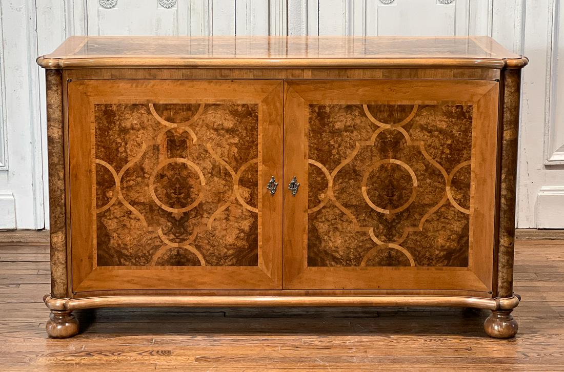 Baroque Style Burlwood Credenza: Late 20th Century, Beech Primary Wood With Outswept Corners, Colonettes Flanking Two Inlaid Cabinet Doors, Bun Feet, Height 35, Width 56, Depth 23 Inches, Structurally Sound, Few Light Surface Scratch