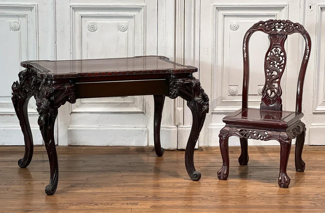 Meiji Style Carved Hung Ma Library Table And: Late 20th Century, Desk With Two Opposing Drawers, Art Nouveau Influences On Cabriole Legs, Chair Is Associated And Older, Desk 46w x 33d x 30h. Chair 22.5d x 19w x 41h x 17h Seat. Chair With Mother O