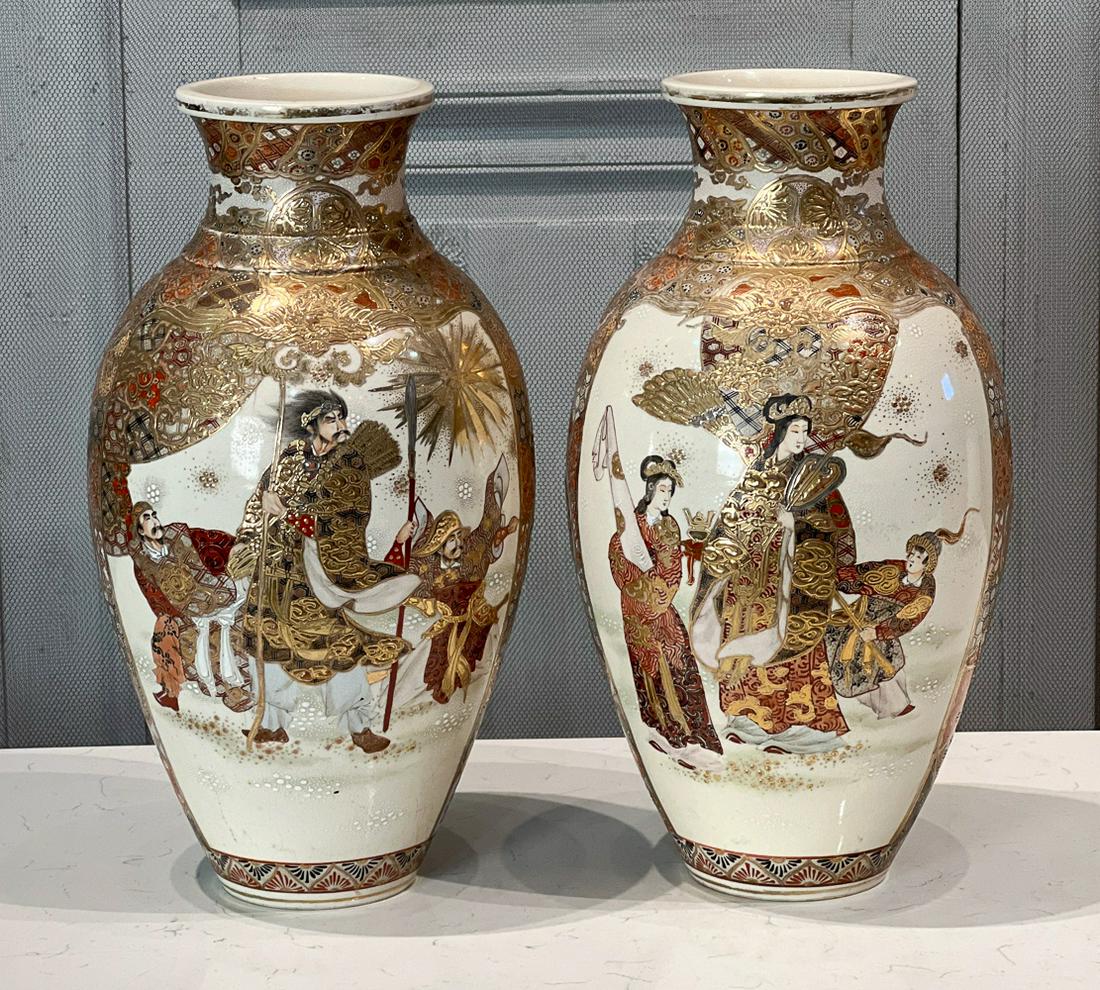 Pair Large Satsuma Style Earthenware Vases (1 of 13)