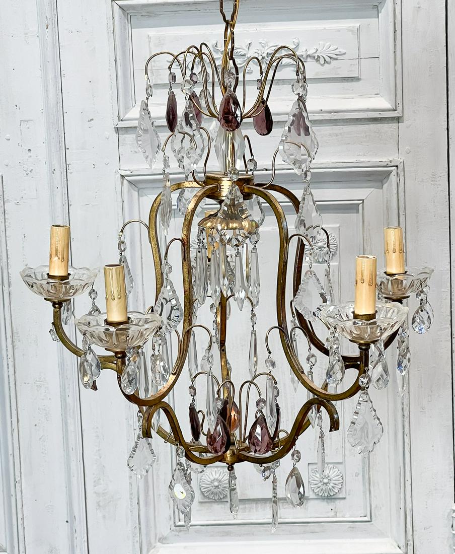 Italian Cut Glass And Gilt Chandelier: 20th Century, Five Lights, Rococo Taste, With Gilt Metal Cage Hung With Amethyst Purple And Clear Glass Drops, Height 24, Diameter 22 Inches, Electrification Present But Function Not Guaranteed, Loss 