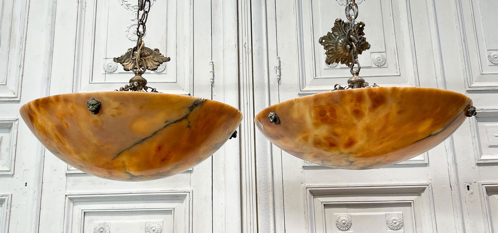 Pair Neoclassical Alabaster Hanging Lamps (1 of 11)
