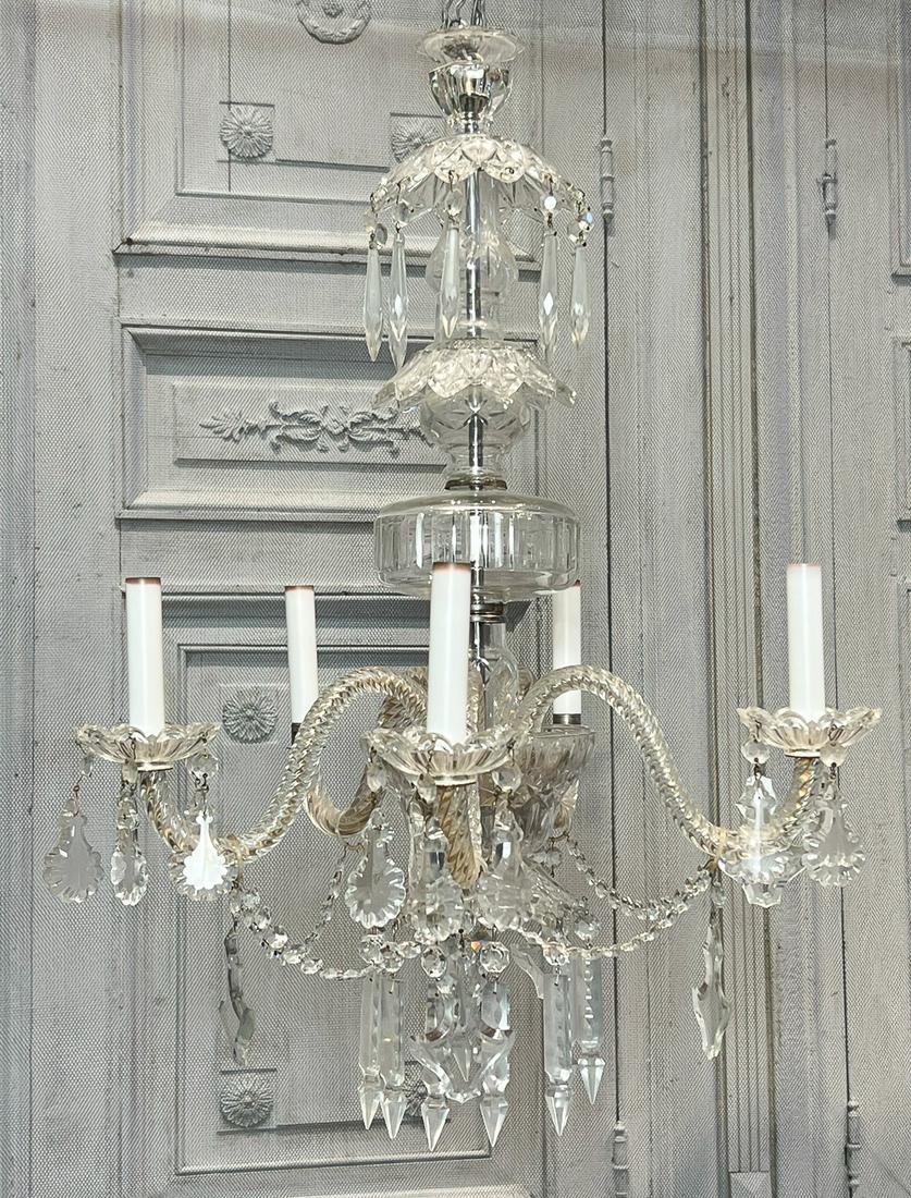 Small Baccarat Style Glass Chandelier: 20th Century, Six Lights, Stacked Cup Standard, Twist Candle Arms, Hung With Icicle And Shield Drops With Button Swags, Height 30, Diameter 20 Inches, Electrification Present But Function Not Guarante