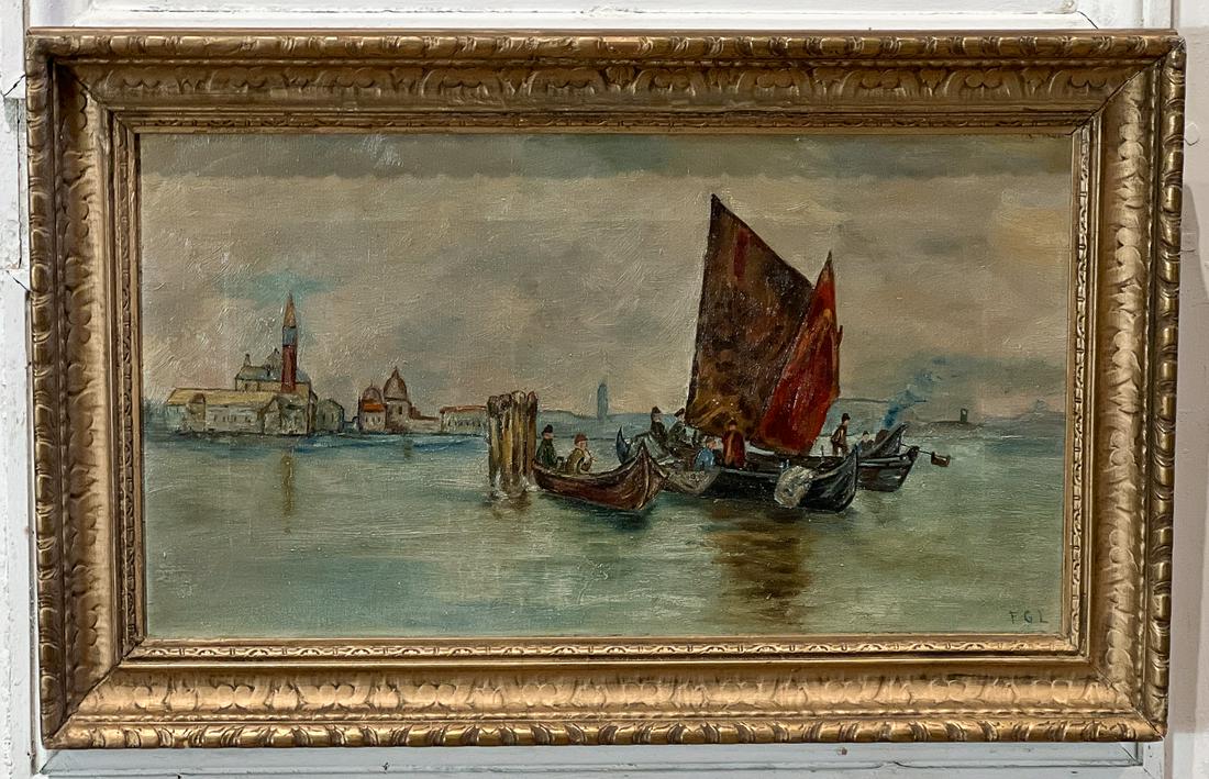 Boats Near Venice Oil On Canvas: Italian School, Early 20th Century Boats Near Venice, Monogrammed Lower Right FGL, Oil On Canvas, 10 x 18 Inches, Old Giltwood Frame 14 x 22 x 2 Inches, Varnish Layer Discolored, Stretcher Ghost Visib