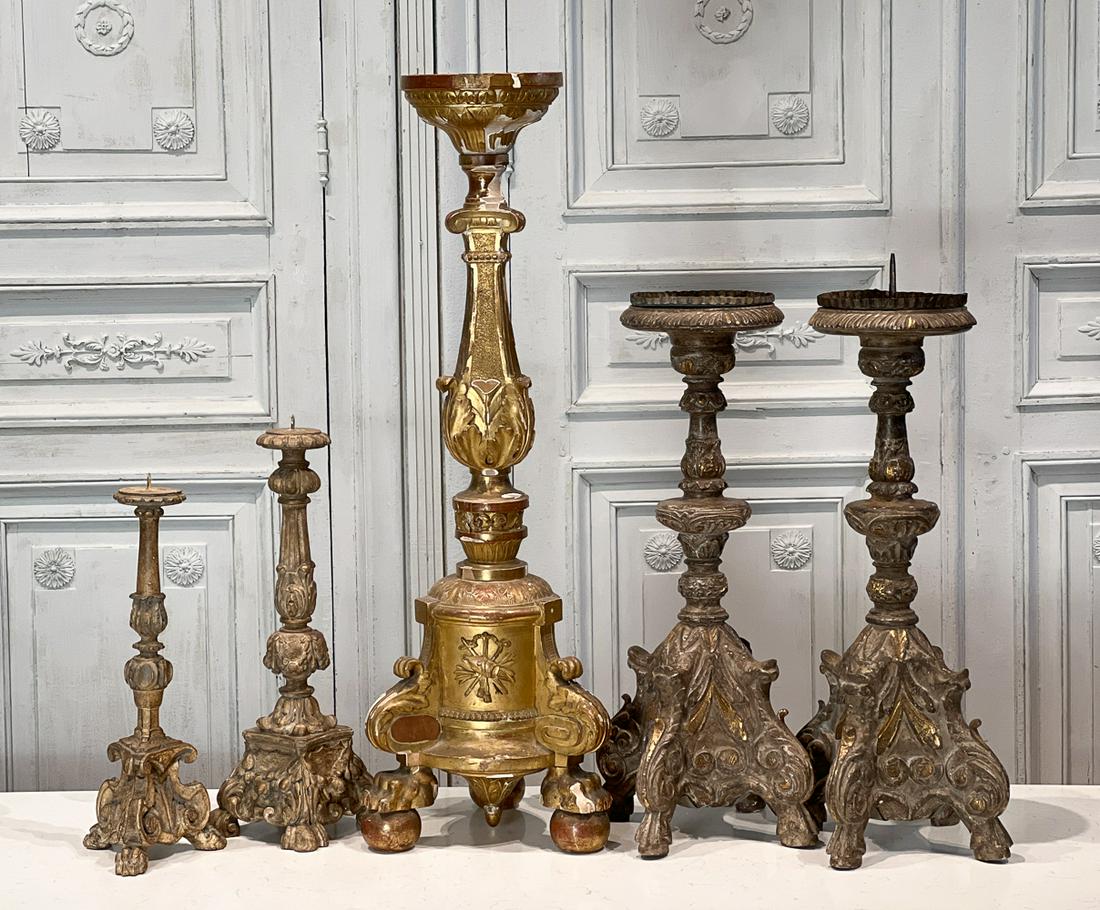 Five Baroque Style Giltwood Pricket Stands: 19th Century, Italian, Each Circular Top, Carved Standard With Acanthus And Tripod Base, Tallest Height 40 Diameter 14 Inches, Shortest Height 19, Diameter 8 Inches Structurally Sound, Active Loss Of 
