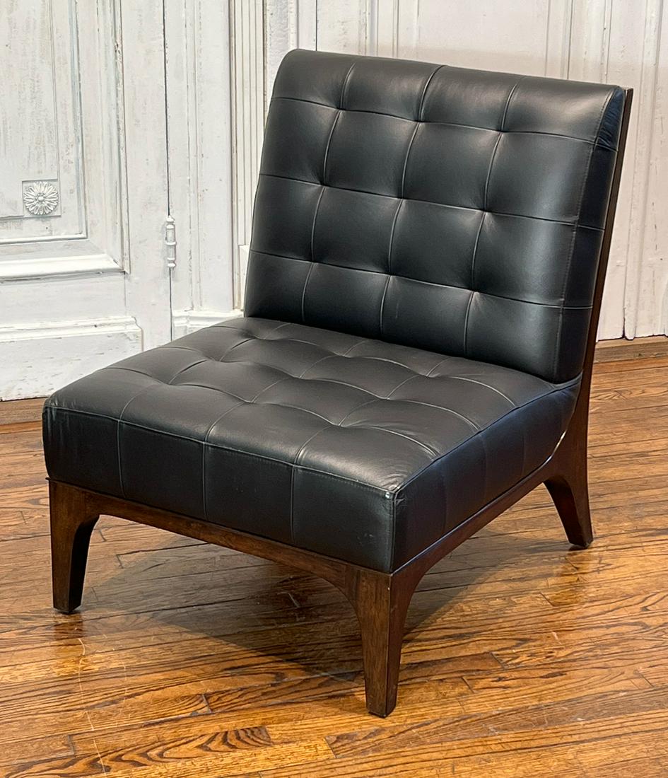 Modern Black Leather Lounge Chair: 21st Century, Hardwood Seat Rail And Legs, Height 32, Width 25, Depth 30 Inches, Structurally Sound, Few Flaws Detected, Minor Nicks To Wood, Slight Wear To Leather. See All Photos For Condition.