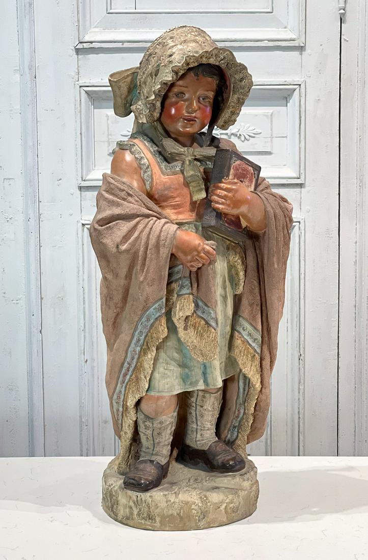 French Terracotta Figure Of A Girl: Early 20th Century, Polychrome Decoration, Standing With A Prayer Book, Height 32, Width 14, Depth 9 Inches, Structurally Sound, Patinated Surface, Few Nicks Or Scratches, See Photos For Additional Co