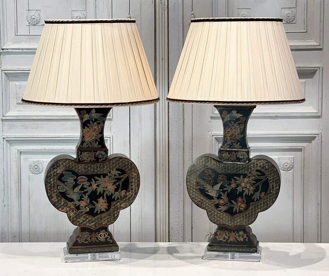 Pair Chinese Black Lacquer Vase Table Lamps (1 of 10)