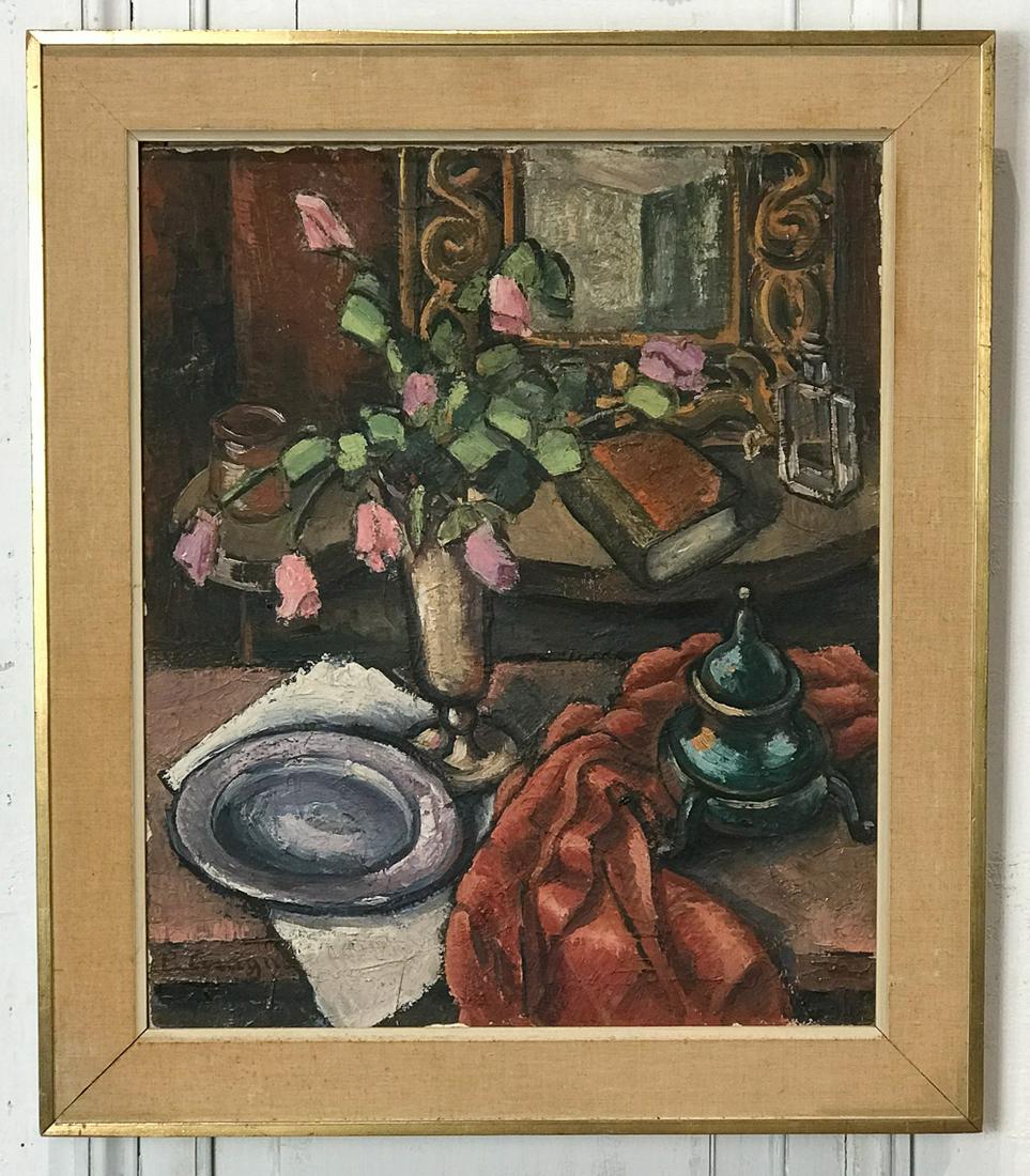 Paul Cocagne, Belgian, 1907-1884: Still Life With Vase Of Roses, Oil On Canvas, Signed Lower Left, 23 x 19, Linen And Giltwood Frame 29 x 25 x 1 Inches, Puncture Upper Left, Canvas Loose On Stretcher, Surface Dirt. See Photos For Cond