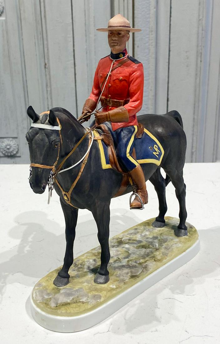 Royal Worcester Royal Canadian Mounted Policeman: English, After 1966, Marked Underside, Mountie Porcelain Figurine In Red Coat On Horseback Modeled By Doris Lindner, Copyright 1966, On Plinth Height 12, Width 11 Inches, See Photos For Condition.