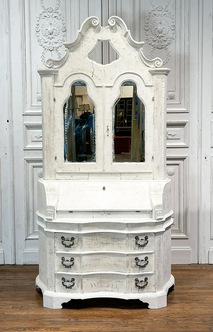 19th Century Italian Whitewashed Secretary: 46w x 19d x 93h. Later Finish. Mirrored Doors Are Locked And No Key Included. Some Visible Scratches Around Edges Of Mirrors. See All Photos For Condition.