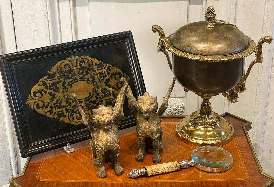 Group Of Five Desk Articles: 20th-21st Century, French Brass Inlaid Hardwood Tray, Bone Handle Magnifying Glass, Brass And Steel Urn, Pair Patinated Gryphon Bookends, Urn Height 12, Width 11, Depth 10 Inches, All Structurally Sou