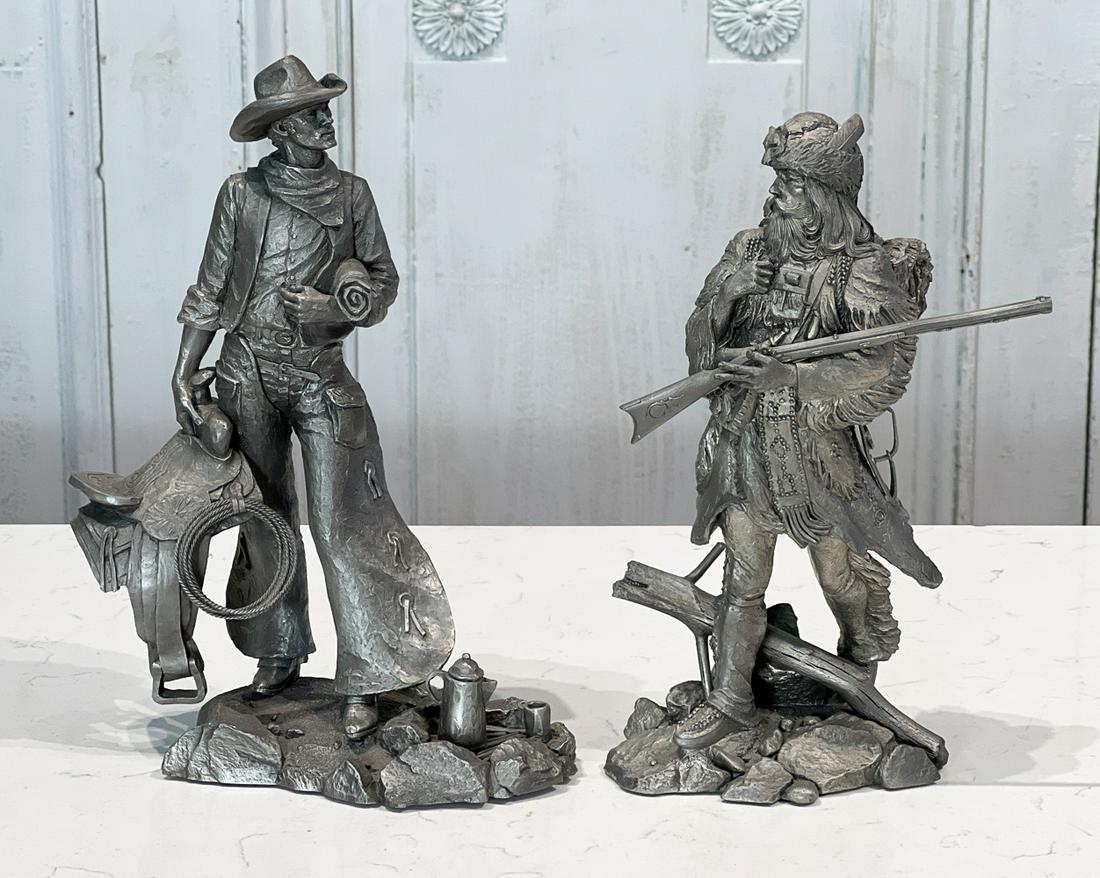 Jim Ponter, American, 1923-2007: The Wrangler And The Fur Trapper, 1979, Two Pewter Sculptures, Signed Dated And Ed 4300 Undersides, Tallest 11 Inches, Light Surface Scratches, See Photos For Additional Condition Information