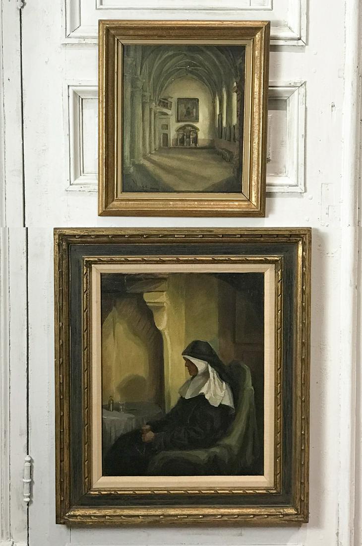 Paul Victor Maes, Belgian, Born 1924: Two Church Interiors, One With Nun, Oil On Canvas And Oil On Board, Each Signed Lower Corner, Canvas 20 x 16 Board 14 x 12 Inches, Carved Gilt Wood Frames 28 x 24 x 1.5 And 18 x 16 x 1.25 Inches. See 