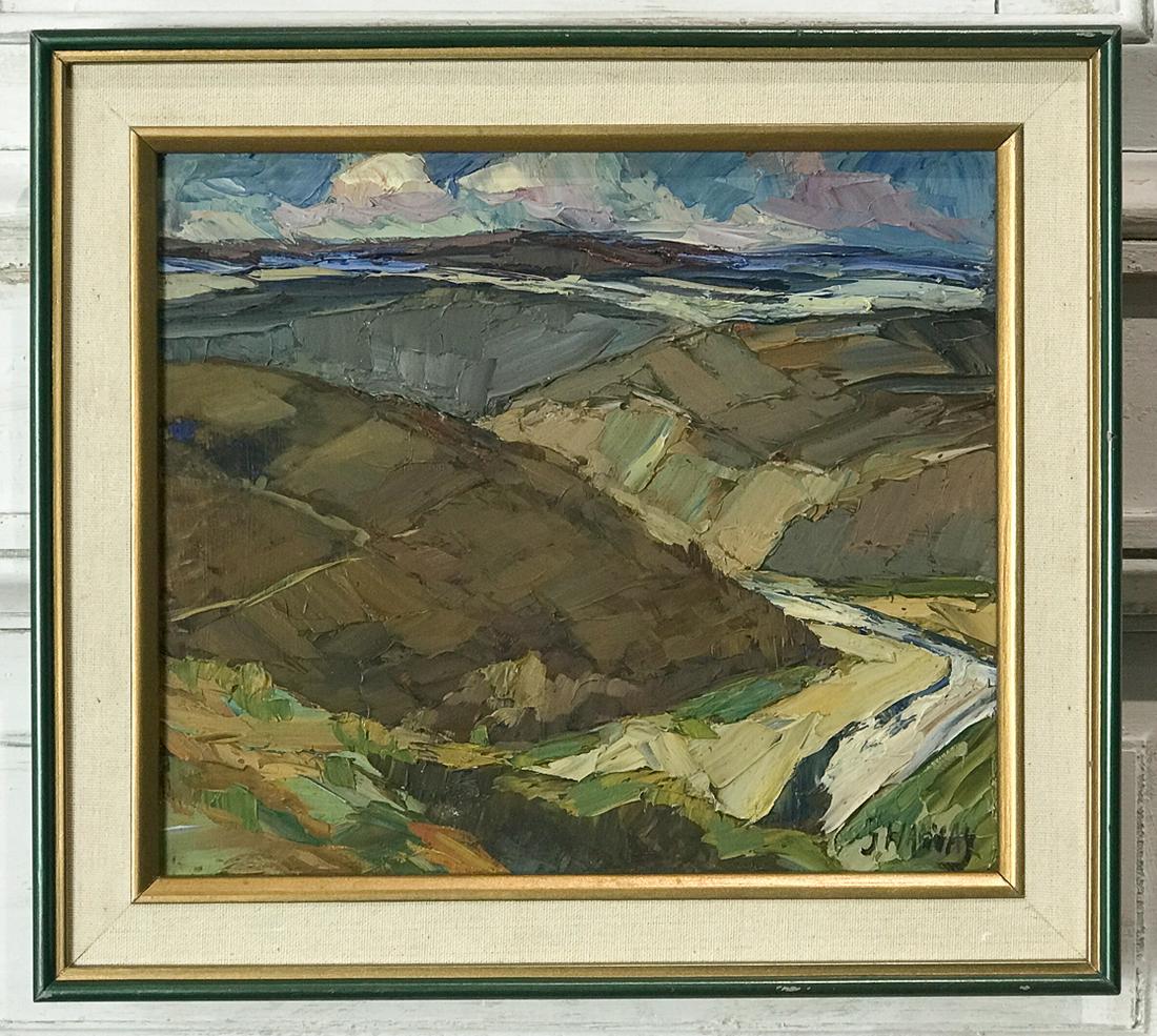 Georges Haway, Belgian, Born 1941: Fjord Landscape, Oil On Masonite, Signed Lower Right, Pencil Inscribed Verso …14 Verd Fou…10 x 11.25, Frame 12.5 x 14 x 0.5 Inches. See Photos For Condition.