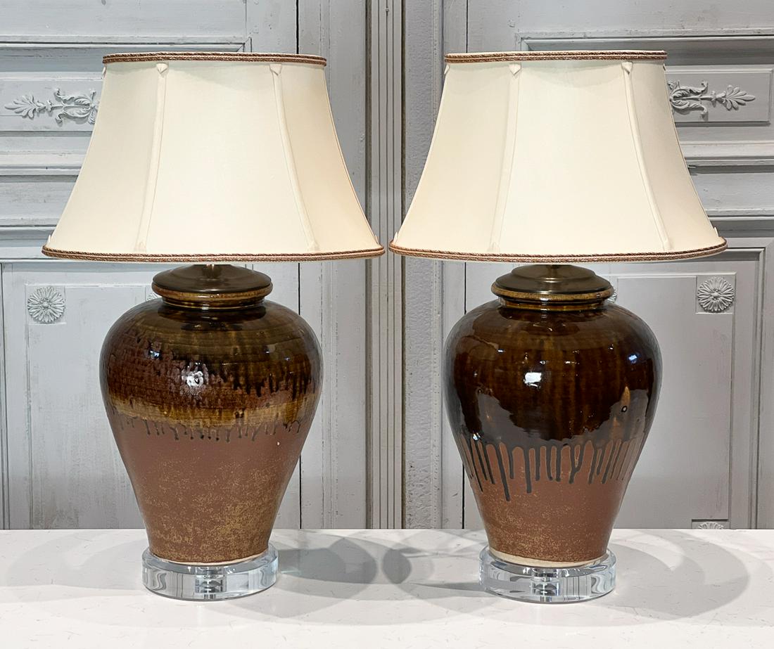 Two Brown Glaze Earthenware Vase Table Lamps (1 of 8)