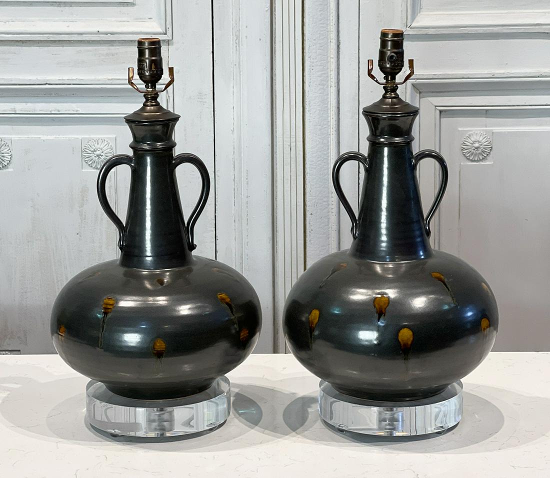 Pair Gunmetal Glaze Earthenware Urn Table Lamps (1 of 6)