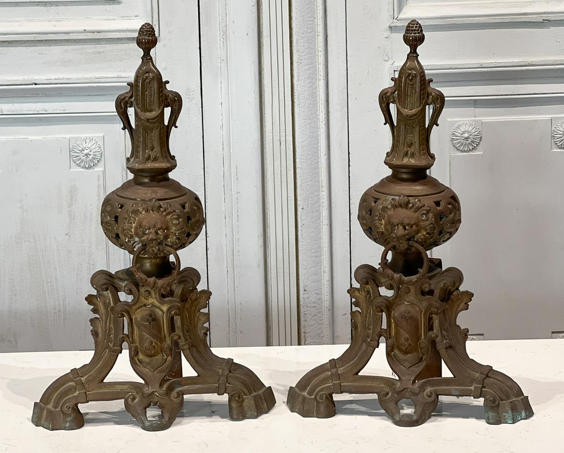 Pair Renaissance Style Bronze Andirons (1 of 9)