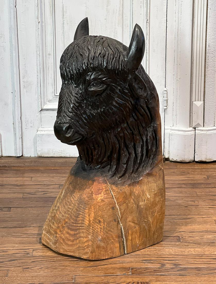 Large Carved Pine Wood Bison Buffalo Head (1 of 9)