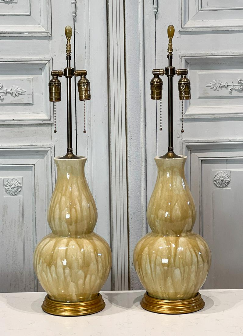 Pair Chinese Earthenware Double Gourd Vase Lamps (1 of 6)