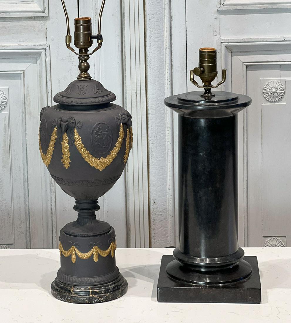 Two Neoclassical Black Ceramic Table Lamps (1 of 6)