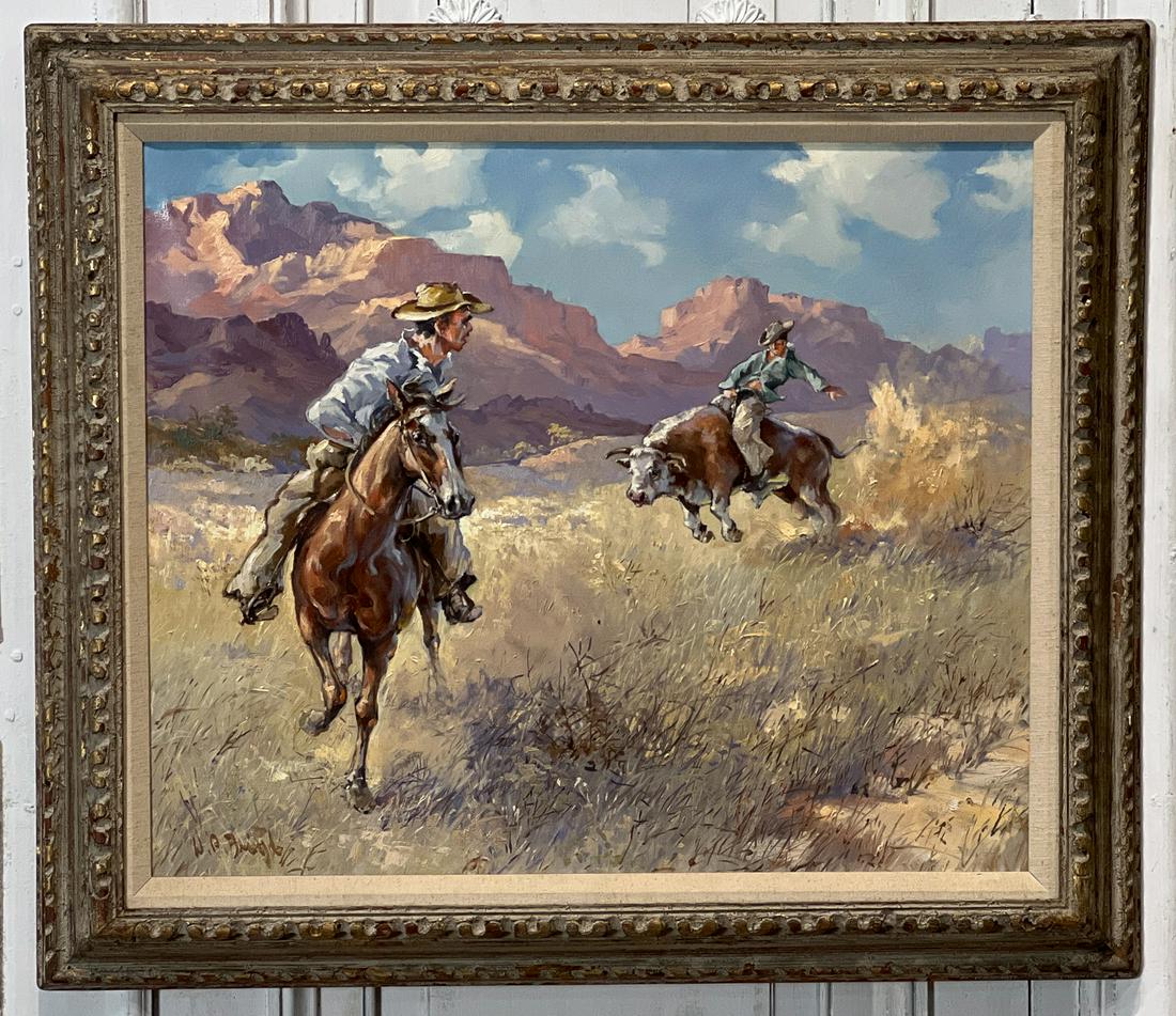 William Brigl, American, Texas, 1903-1990: Bull Riding On The Range, Oil On Canvas Signed Lower Left, 25 X 30 Inches, Carved Wood Frame 32 X 38 X 2.5 Inches. See All Photos For Condition.