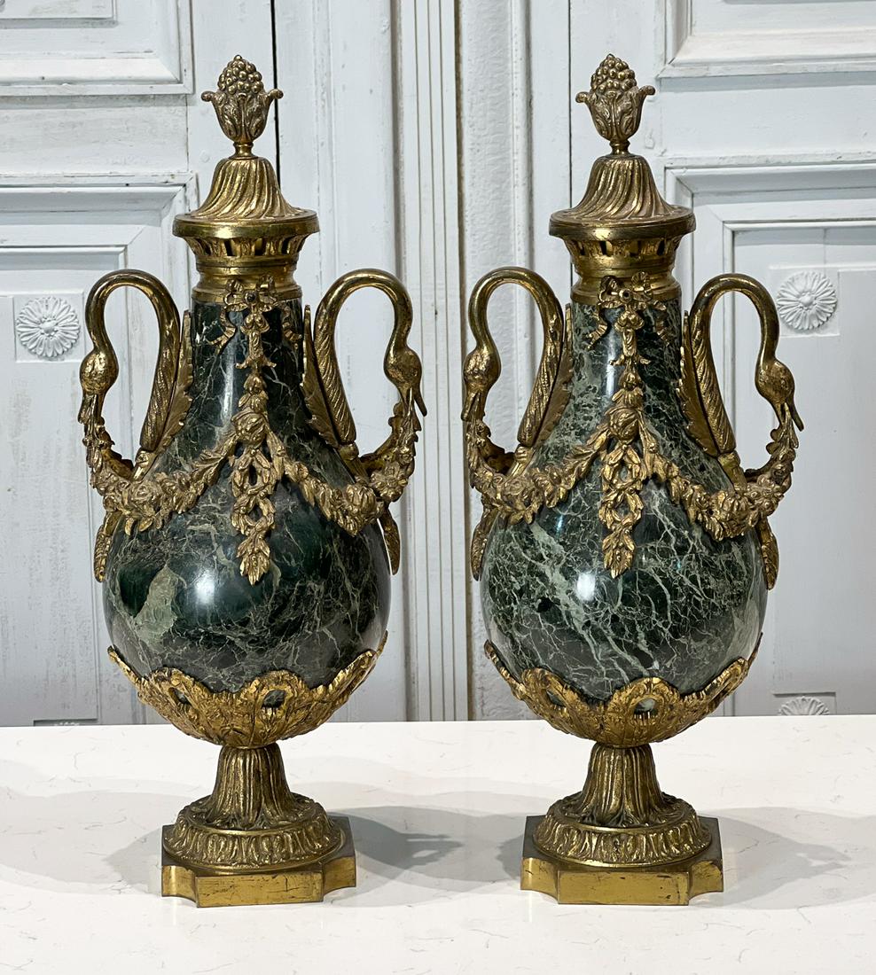 Pair Gilt Bronze Mounted Verte Marble Urns (1 of 12)