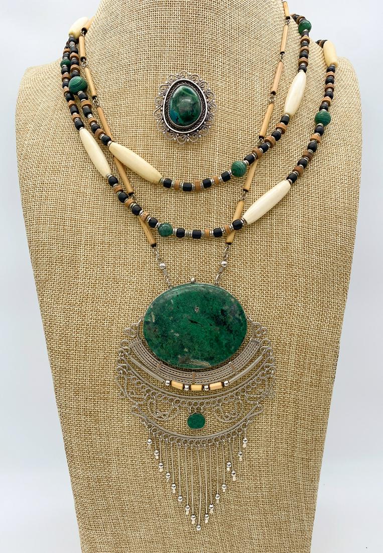 Malachite, Bone, And Stelring Jewelry Group: Malachite Pin Weighs 15.8g; Large Malachite Disc Necklace Weighs 74.2g. And Is Approx 18 Inches, Overall. Beaded Necklace: Malachite Beads 3.8mm To 11.6mm Approximately, And Is Approximately 24 1/2 In