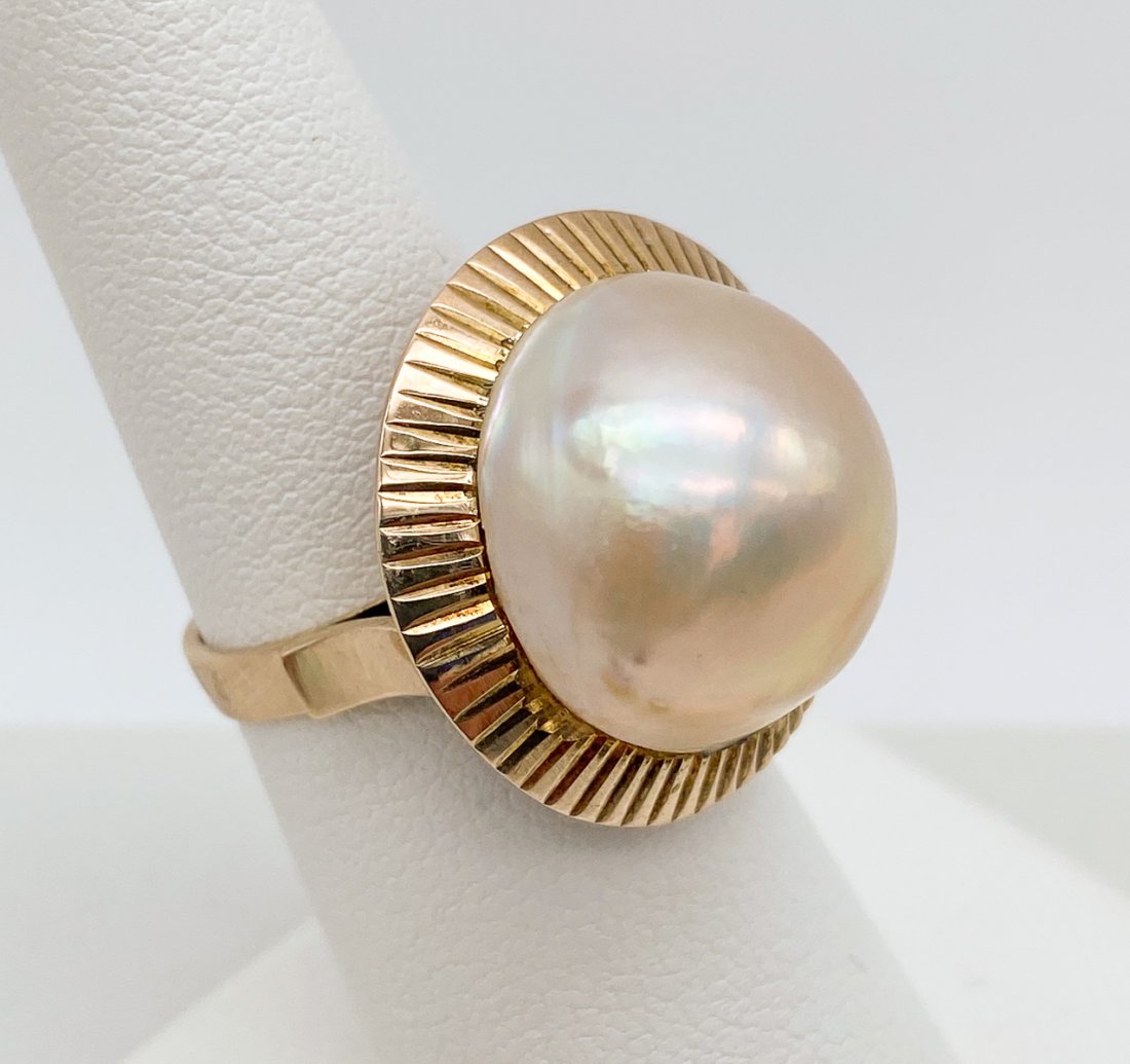 Mabe Pearl Ring, 14k: 17mm Mabe Pearl Set In 14k Gold Setting. Size 6. Adhesive Residues Visible At Underside Of Pearl. See Photos For Vintage Condition Commensurate With Age. Wire Transfer Or In-Person Cashier's Check Req